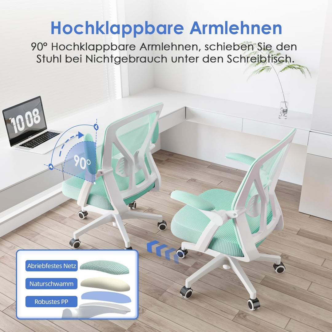 Hinonde Bürostuhl,Schreibtischstuhl mit Hochklappbare Armlehnen und Wippfunktion,Drehstuhl,Höhenvers