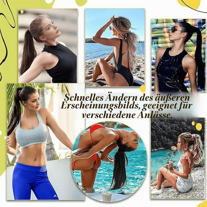 RUNATURE Zopf Extensions Echthaar Braun mit Blond Haarverlängerung Zopf Echthaar Braun Glatt Ponytai
