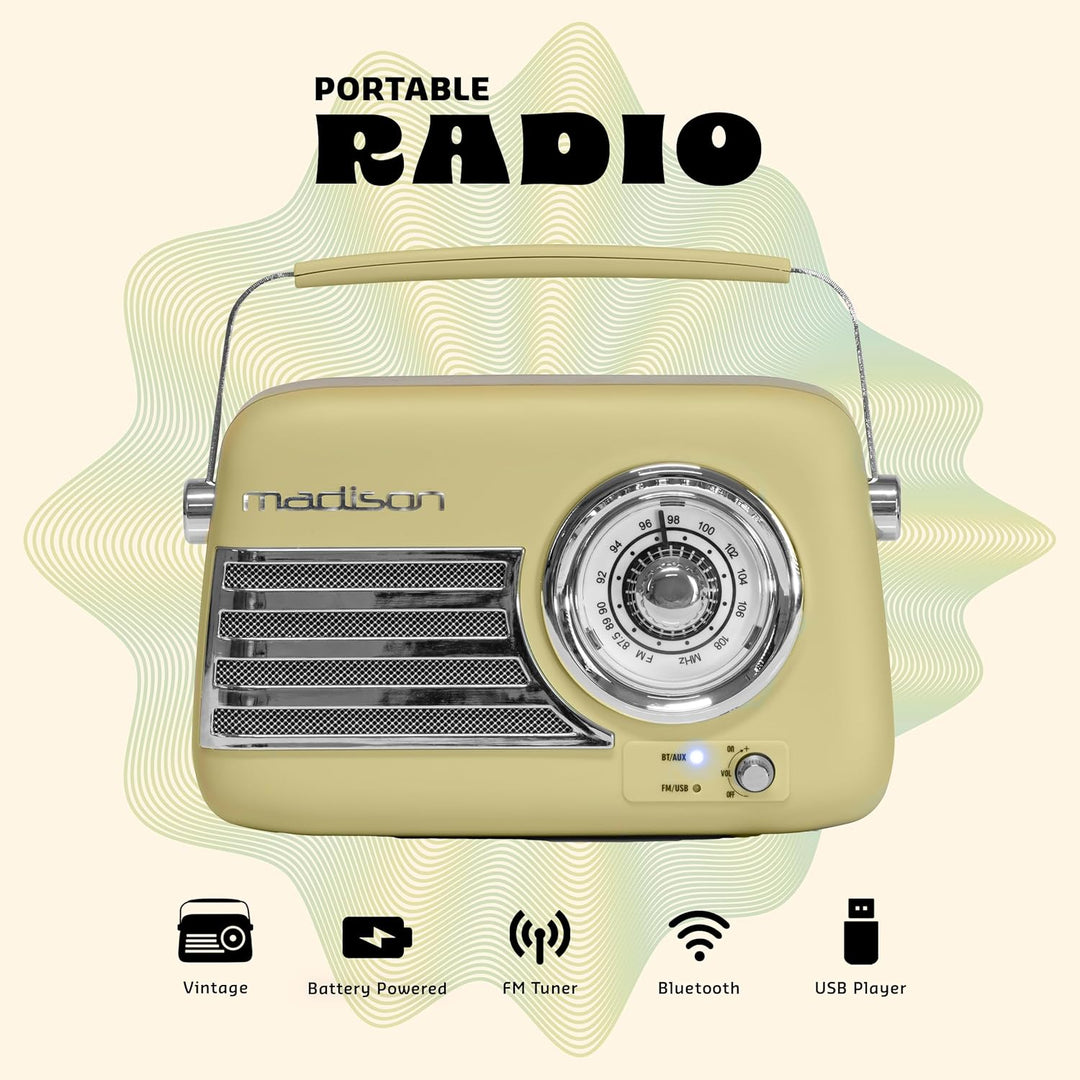 Madison - FREESOUND-VR40OGR-MAT - 30W Vintage-Radio mit langem Akku - Bluetooth, USB & FM - Olivgrün