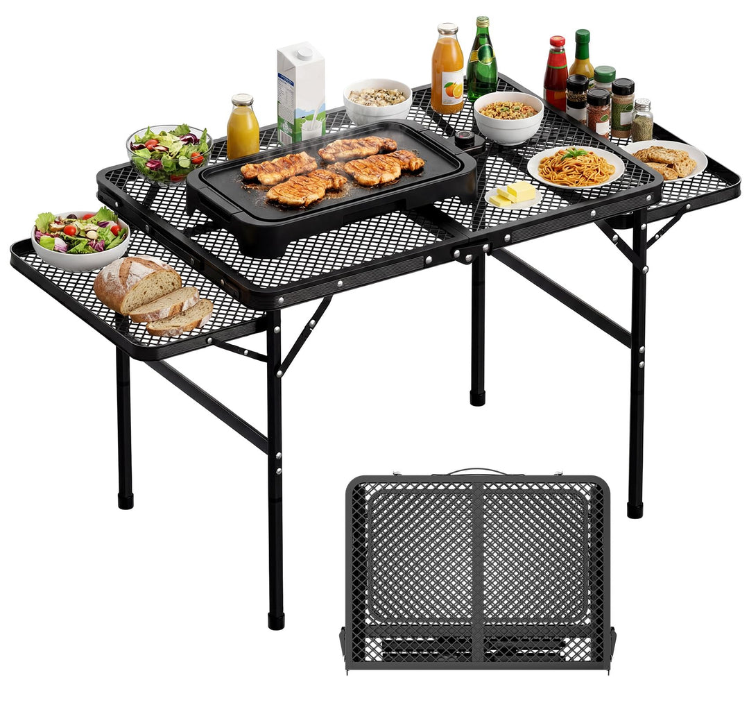 Grilltisch Klappbar 77cm Hoher, Grilltisch Outdoor Klappbar mit 2 Ausklappbare Seitenteile, Höhenver