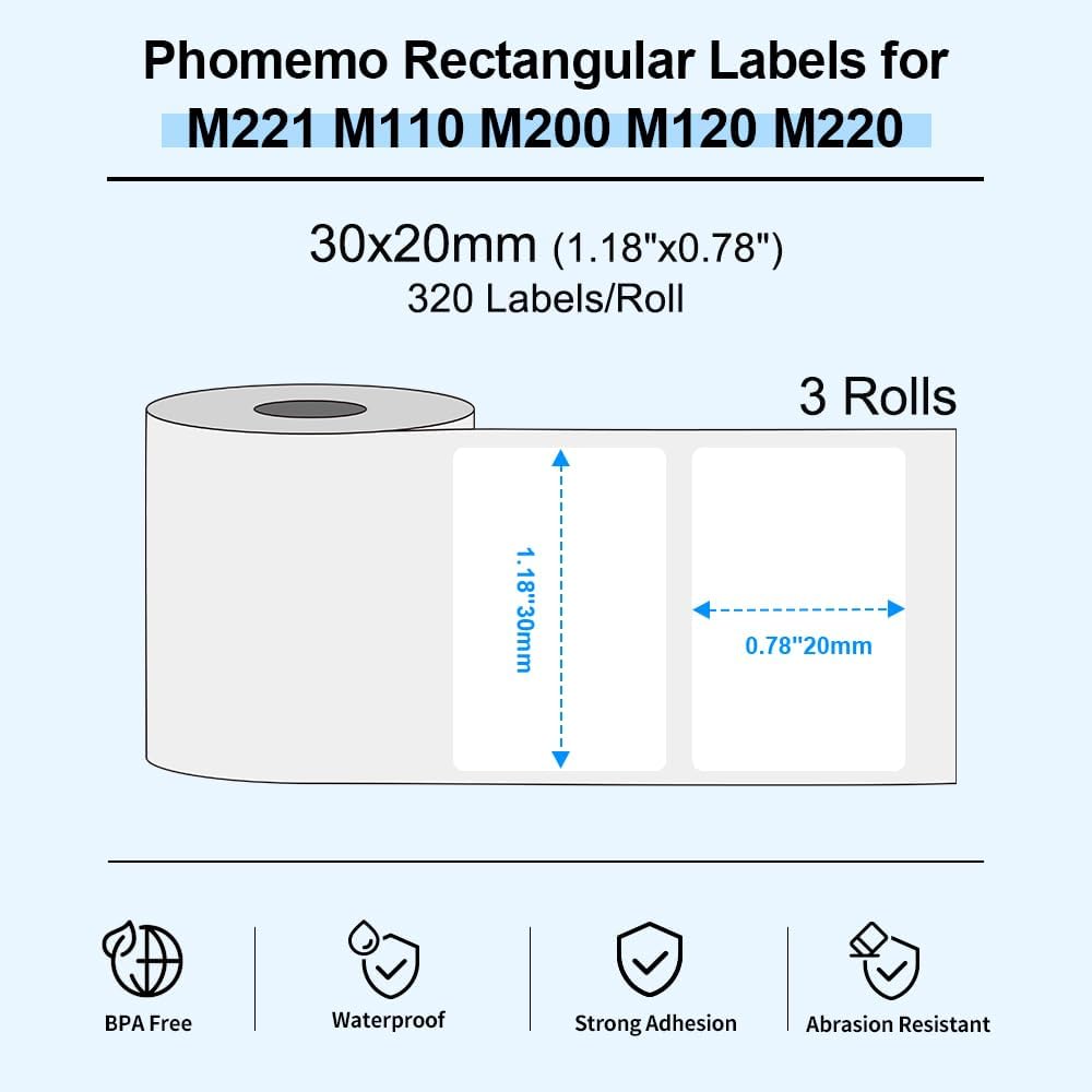 Phomemo M110/M200/M220/M221/M120 Selbstklebende Etiketten, 1.18"x 0,78"(30x20mm) Thermoetiketten pap