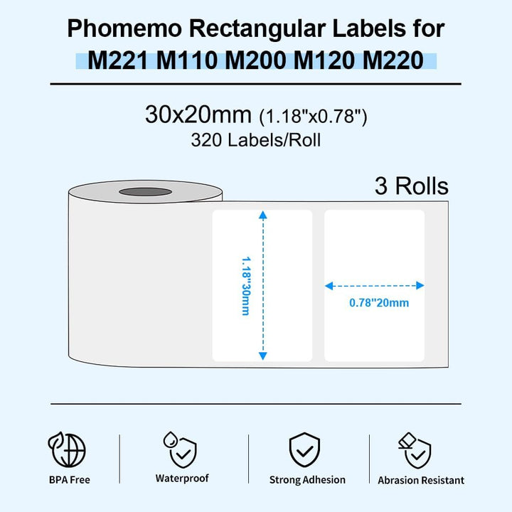 Phomemo M110/M200/M220/M221/M120 Selbstklebende Etiketten, 1.18"x 0,78"(30x20mm) Thermoetiketten pap