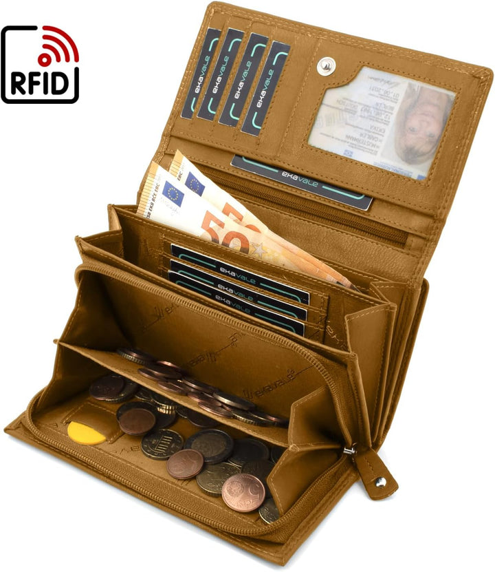ekavale Damen-geldbörse XXL aus Rindsleder mit RFID Leder-Geldbörse mit vielen Fächern für Frau (Cur
