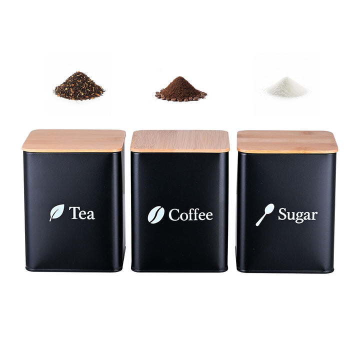 Relaxdays Vorratsdosen, 3er Set, Kaffee, Tee, Zucker, Metall, Bambusdeckel, HBT: 15x11x11 cm, Küchen