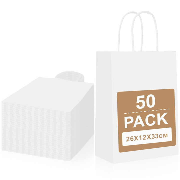 Gucass 50 Stück Gross Papiertüten mit Henkel, Weiss Kraft Papiertaschen Geschenktüten, 26x12x33cm Pa