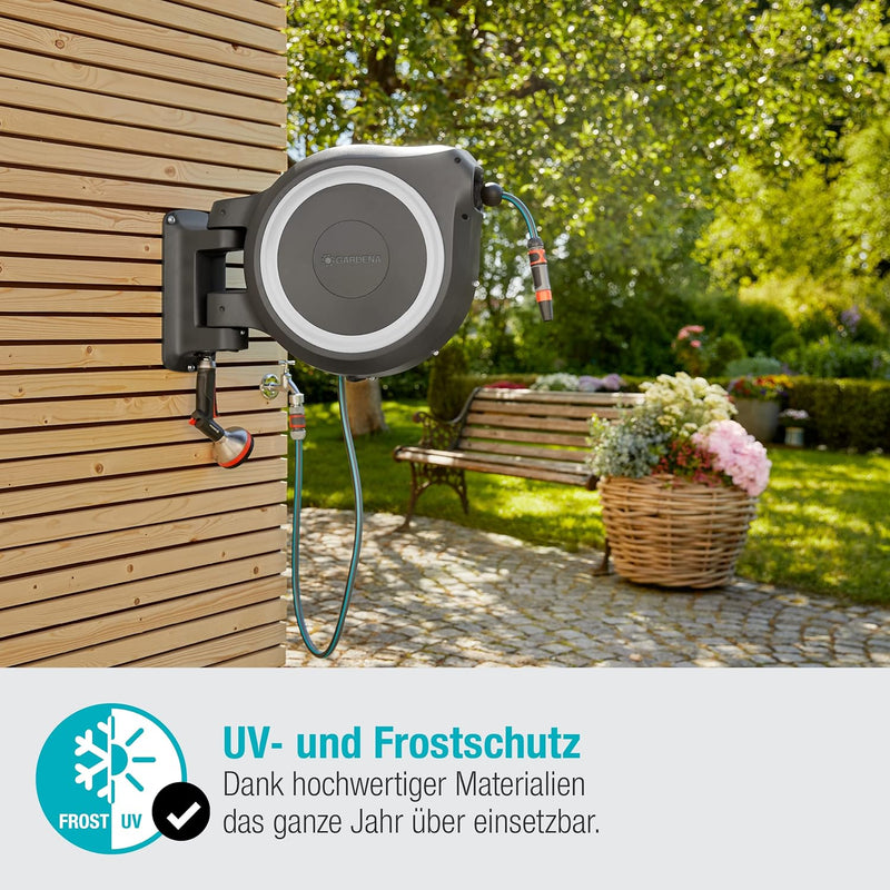 Gardena Wand-Schlauchbox RollUp XL (weiss) 35 m: flexible Bewässerung für grosse Gärten, Schwenkbare