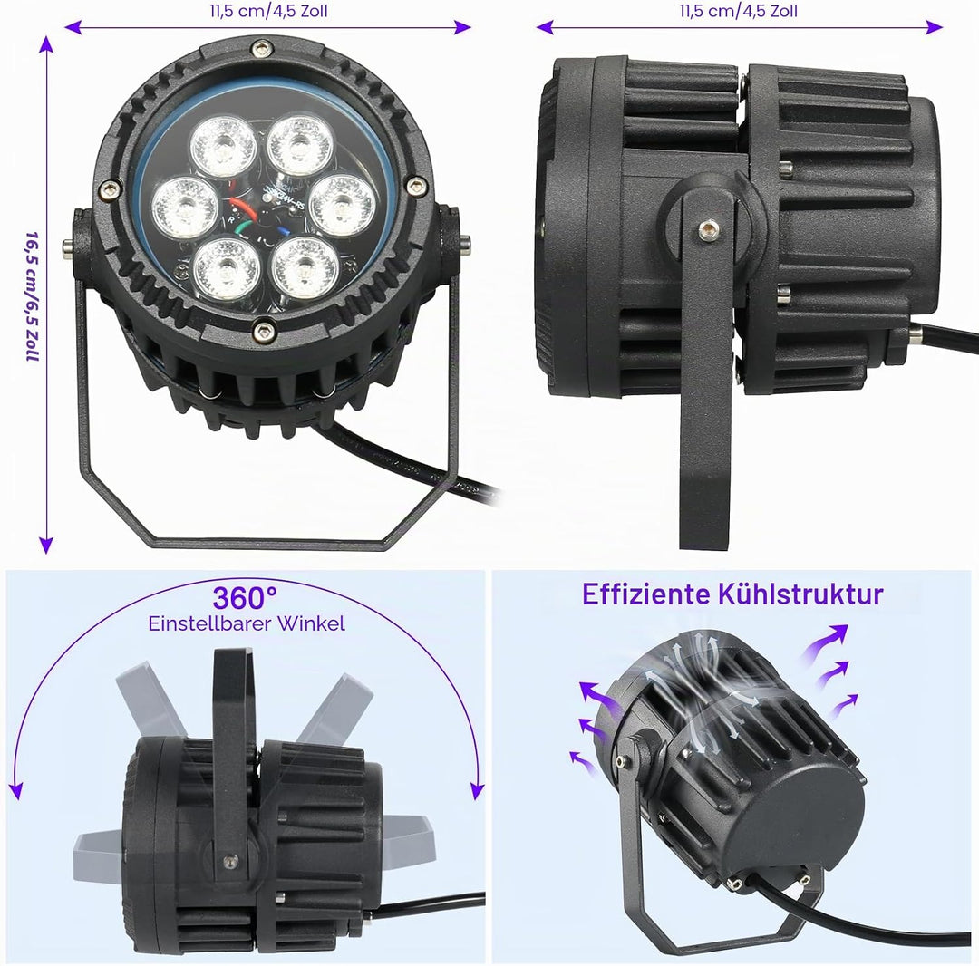 2PCS 6 x 3W IP67 Wasserdichtes Par Licht, RGBW 4 in 1 LED Discolicht Partylicht mit Fernbedienung, f