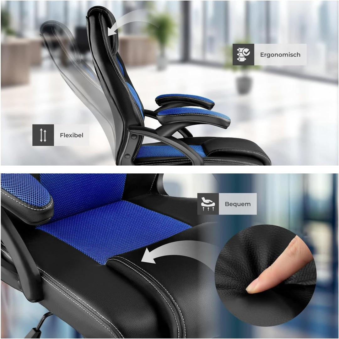 tectake® Racing Bürostuhl, Gaming Stuhl mit Wippfunktion, Chefsessel, Drehstuhl mit Rollen, höhenver