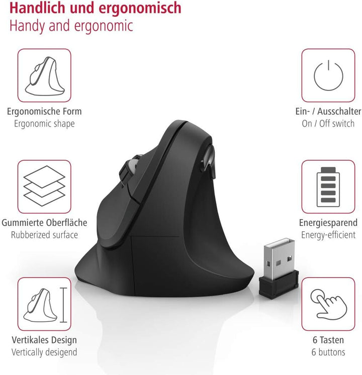 Hama kabellose Maus ergonomisch (Vertikale ohne Kabel für Rechtshänder, Wireless Funk-Maus mit optis