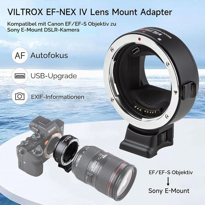 VILTROX EF-NEX IV Objektiv-Adapter CDAF/PDAF mit Blendensteuerung EXIF Übertragung Autofokusadapter