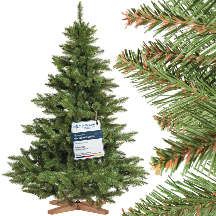 FairyTrees Weihnachtsbaum künstlich 150cm NORDMANNTANNE mit Christbaum Holzständer | TESTSIEGER Tann