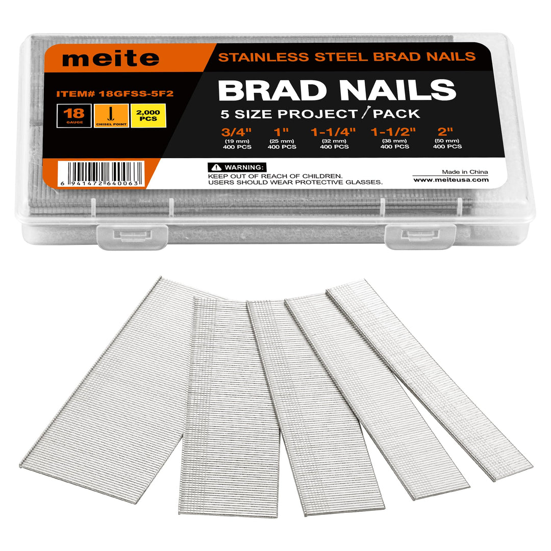 meite Edelstahl Stauchkopfnägel 18GA, 2.000 Stück Sortiment in 5 Grössen (19mm, 25mm, 32mm, 38mm, 50