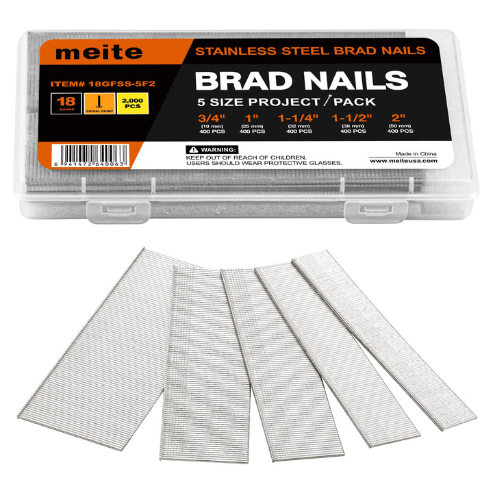 meite Edelstahl Stauchkopfnägel 18GA, 2.000 Stück Sortiment in 5 Grössen (19mm, 25mm, 32mm, 38mm, 50