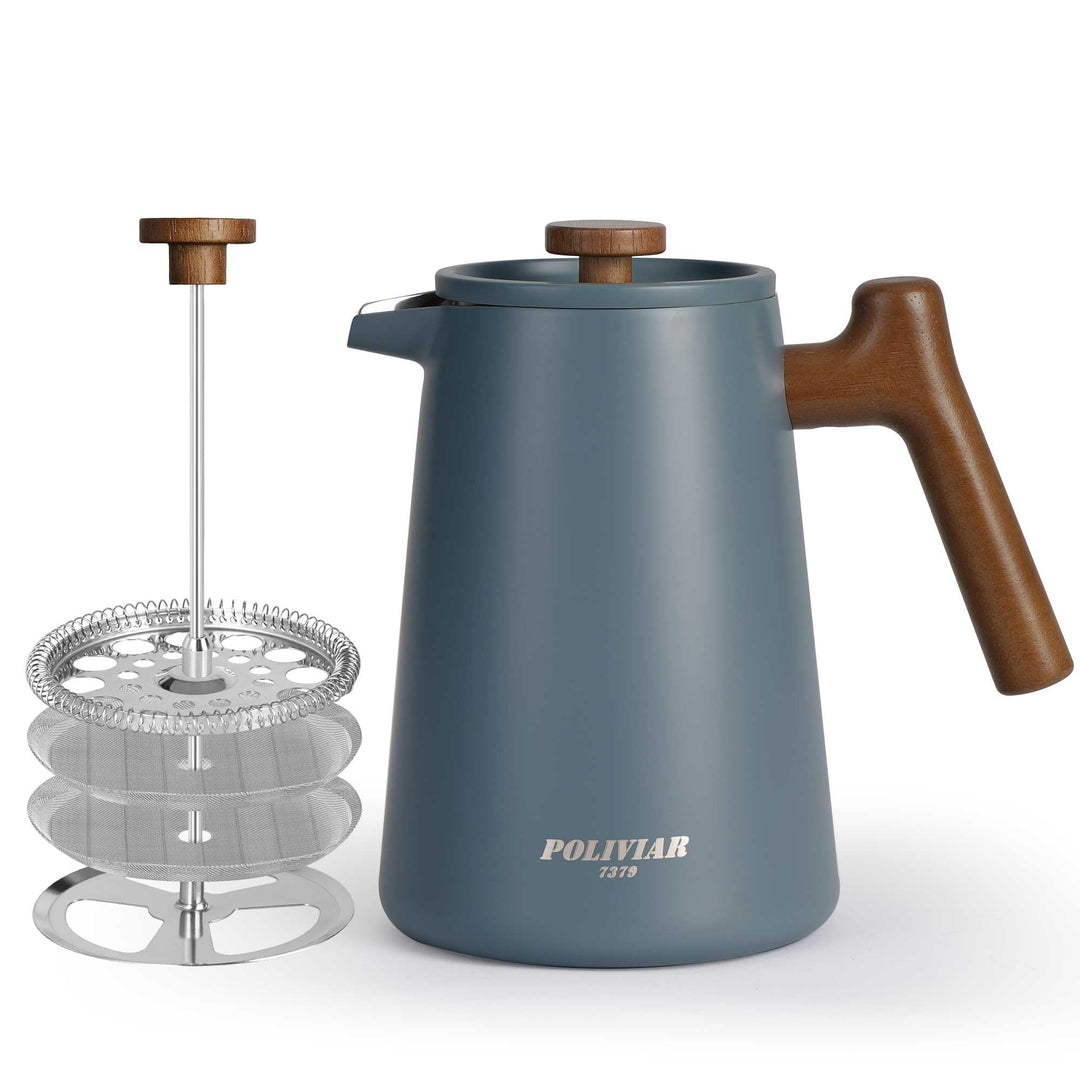 POLIVIAR 7379 French Press 1 Liter Edelstahl – Doppelwandige French Press Thermo Kaffeepresse mit Ho