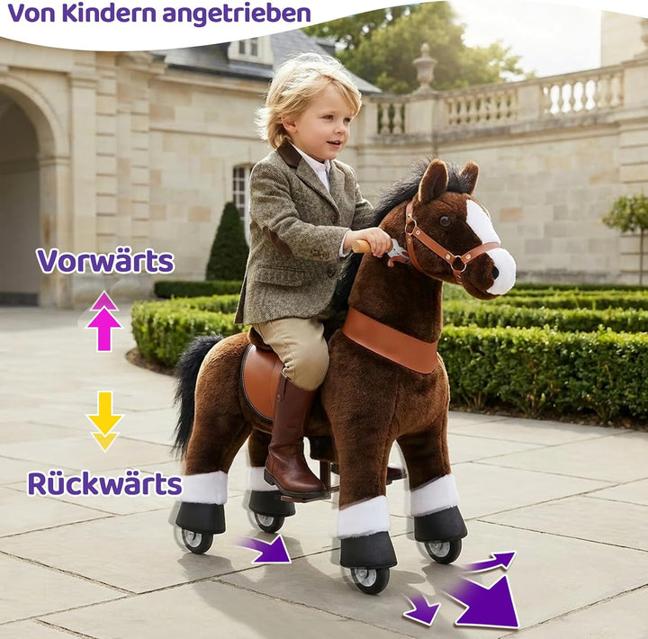 PonyCycle® Schaukelpferd auf Rollen | für Kinder 4–7 Jahre, 89cm | Braunes Plüsch Reitpferd mit Hand