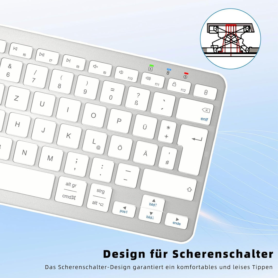 Kabellose Bluetooth Tastatur, Wiederaufladbare Mini Type-C, Funk, Ultraslim Ergonomisches Design, De