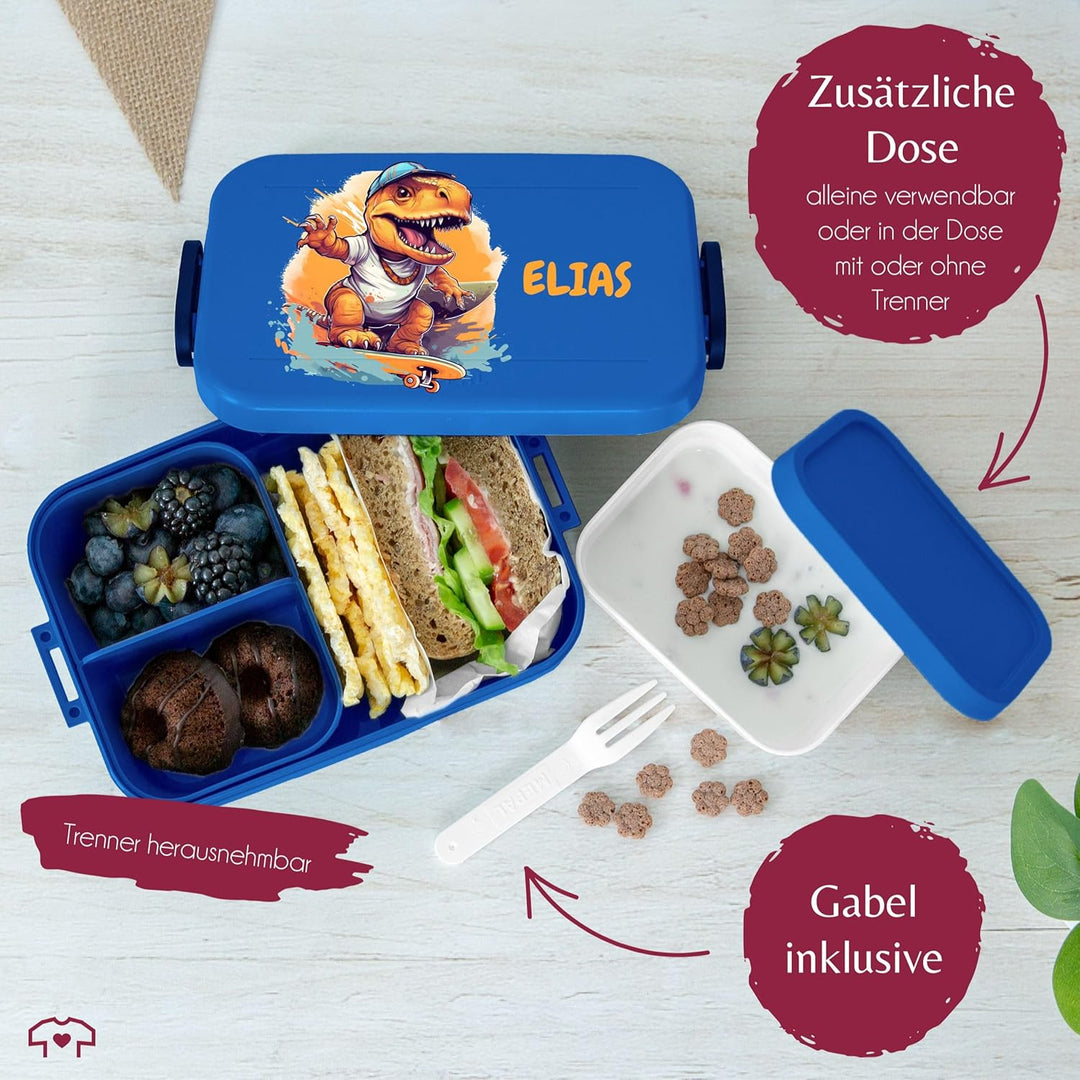 Kinder Bento Box Midi Lunchbox für Mepal Bentobox - Dino T-Rex Dinosaurier TRex Skateboard - 900 ml