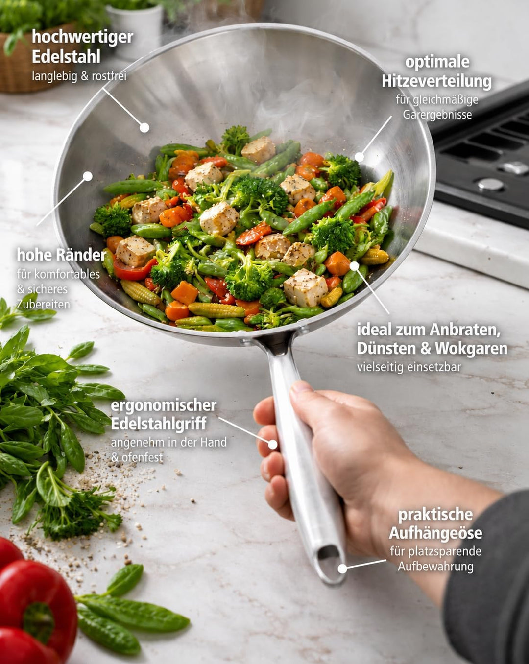 ⌀30 cm Wok Pfanne aus Edelstahl, unbeschichtet & langlebig, 3-lagiges Material für optimale Wärmever