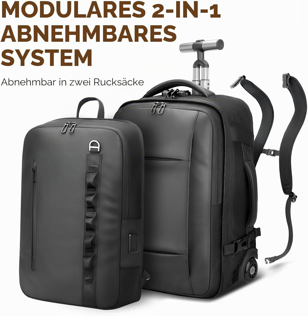2-in-1-Reiserucksack mit Rollen, 50L Rucksack Trolley mit 17,3" Laptopfach- Handgepäck mit USB-C-Ans