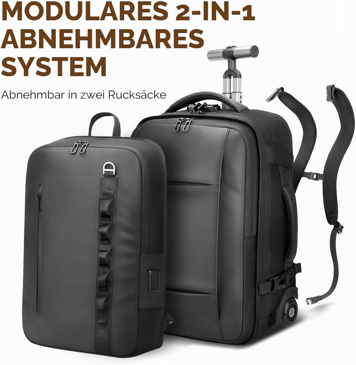 2-in-1-Reiserucksack mit Rollen, 50L Rucksack Trolley mit 17,3" Laptopfach- Handgepäck mit USB-C-Ans