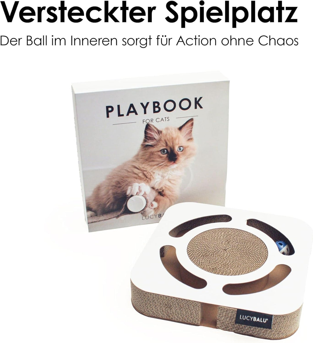 LucyBalu® Playbook Katzen Kratzbrett mit Ball | Fummelbrett | Katzenspielsachen aus Kratzpappe | Int