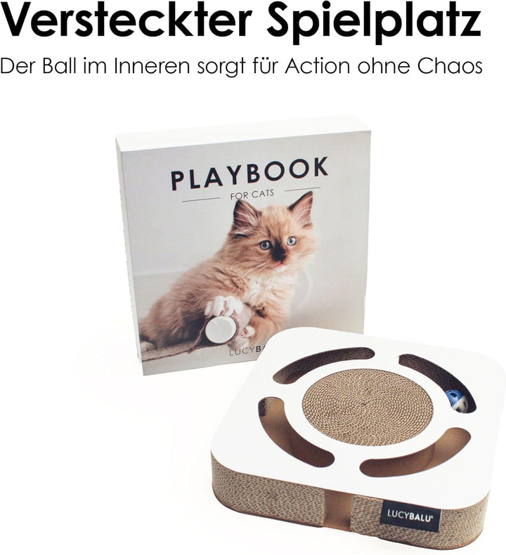 LucyBalu® Playbook Katzen Kratzbrett mit Ball | Fummelbrett | Katzenspielsachen aus Kratzpappe | Int