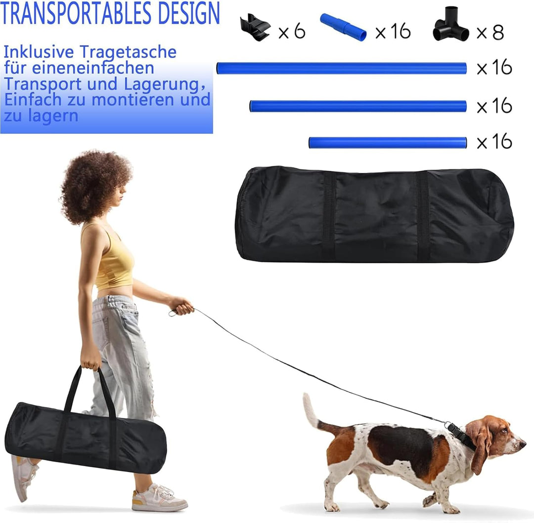 AufuN Hunde Agility Training Set, 4X Höhenverstellbare Hürden + Slalomstäbe inkl. Tragetasche, Profe