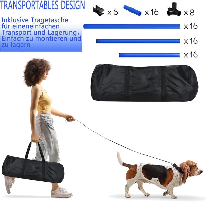 AufuN Hunde Agility Training Set, 4X Höhenverstellbare Hürden + Slalomstäbe inkl. Tragetasche, Profe