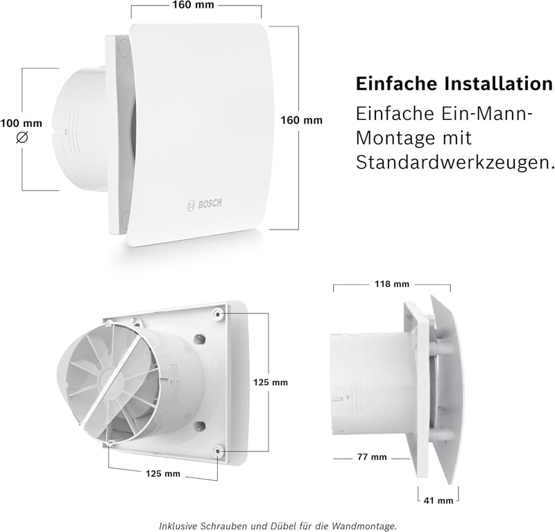 Bosch Badlüfter Fan 1500 DH 100mm Durchmesser, mit Luftfeuchtigkeitssensor und einstellbare Nachlauf