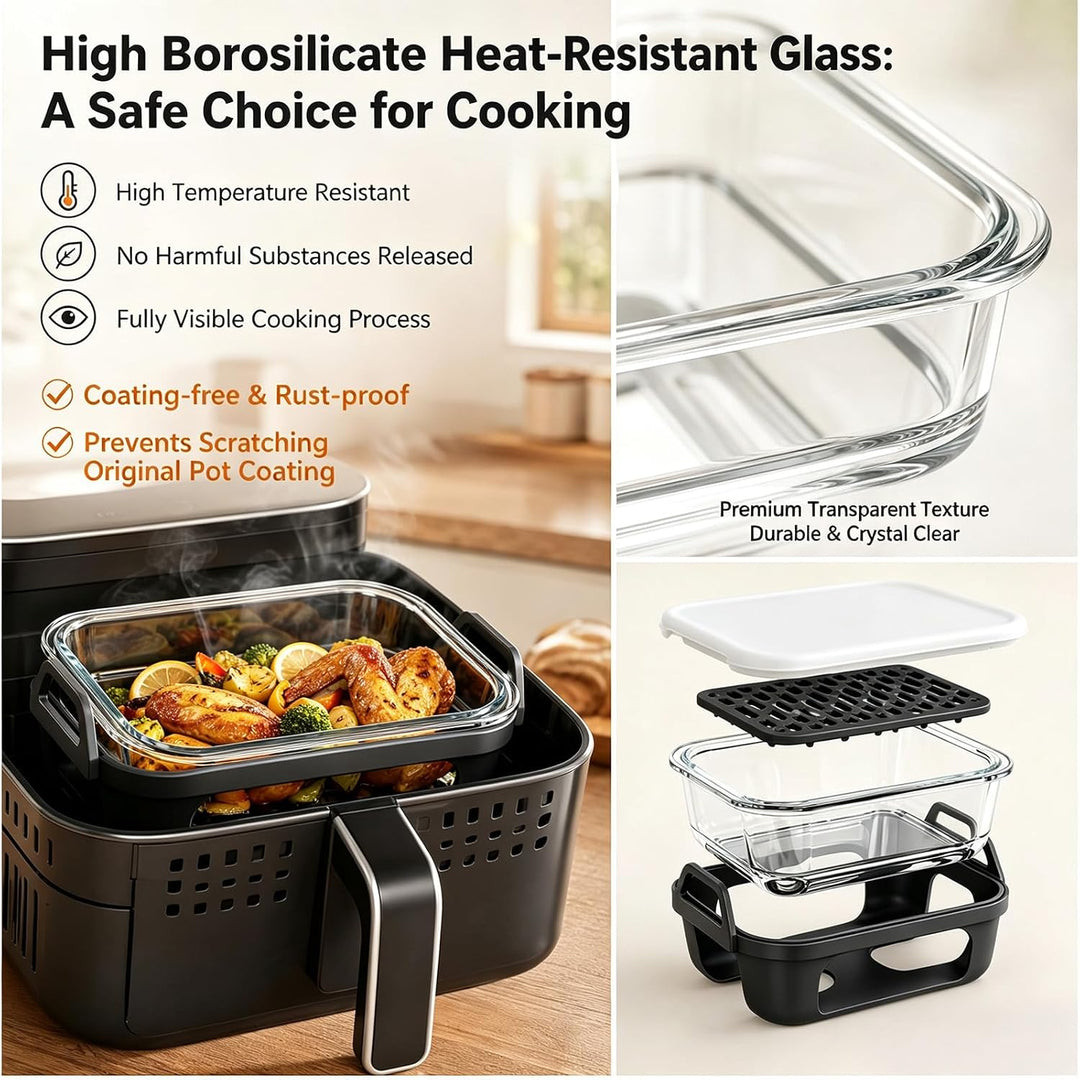 Glas Auflaufform für Airfryer, für Ninja/Cosori Heissluftfritteuse Zubehör mit Silikon-Innen, Auflau