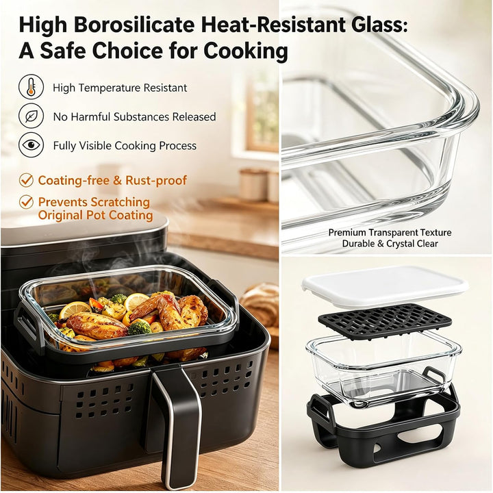 Glas Auflaufform für Airfryer, für Ninja/Cosori Heissluftfritteuse Zubehör mit Silikon-Innen, Auflau