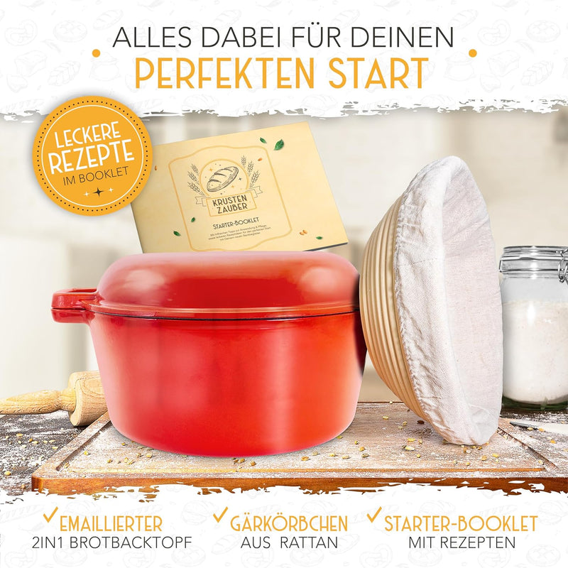 KRUSTENZAUBER Gusseisen Topf Brot Backen [inkl. Gärkorb] - Hochwertiger Emaille Topf 26cm - Idealer