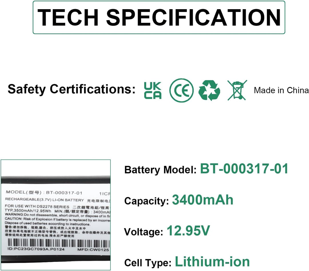 3400mAh Batterie für Zebra DS22, DS2208, DS2278, DS2278-HC, DS2278SR, CR2278, CR2278-PC-Scanner, BT-