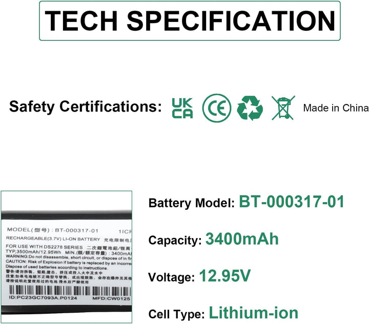 3400mAh Batterie für Zebra DS22, DS2208, DS2278, DS2278-HC, DS2278SR, CR2278, CR2278-PC-Scanner, BT-