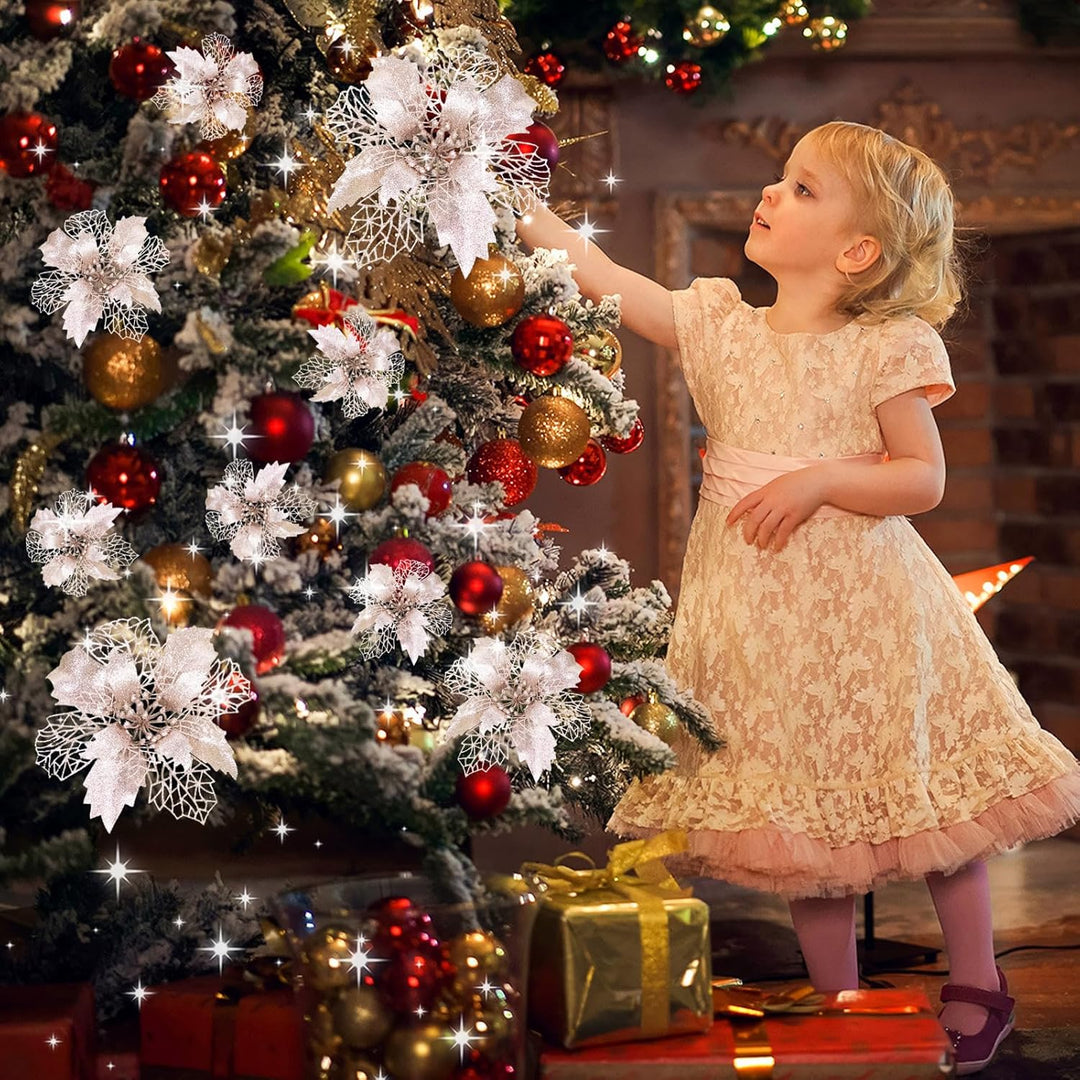 12 Stück Glitter Weihnachtsbaum Dekoration, Weihnachtsbaumschmuck Ornament Weihnachten Blumen Dekor,