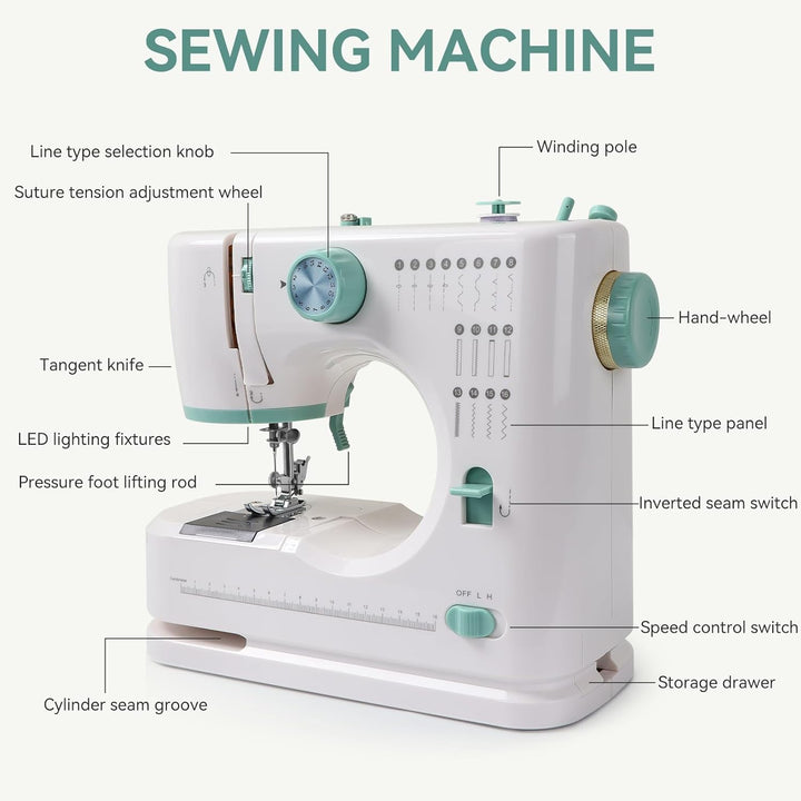 Nähmaschine für Anfänger und Kinder, Qoosea 16 Stichmuster Overlock Nähmaschine Einfach zu Bedienen,
