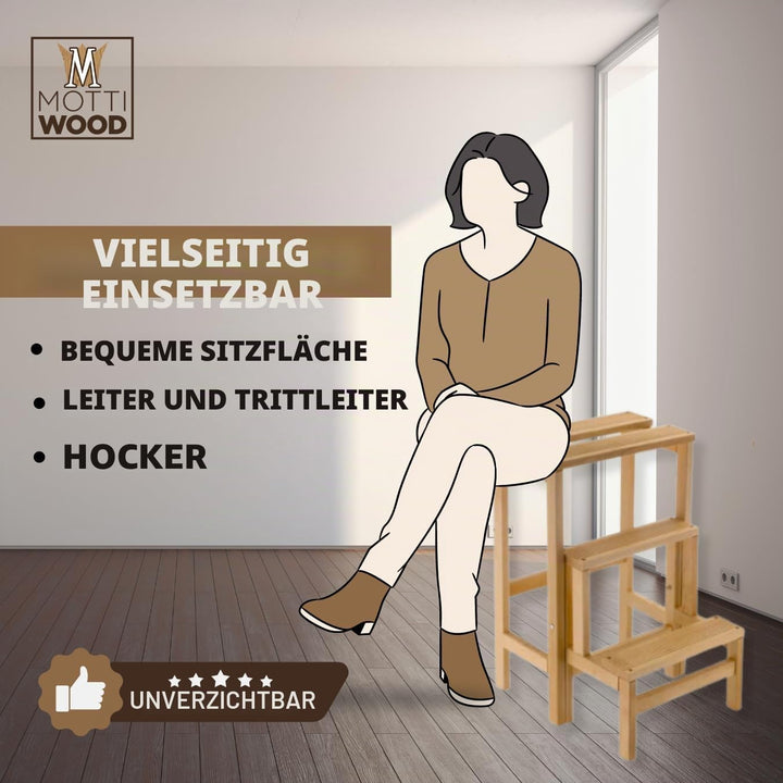 Treppenhocker mit Klappen, 3 Stufen, verschliessbar, rutschfest, platzsparend, Buchenholz, Masse: 37