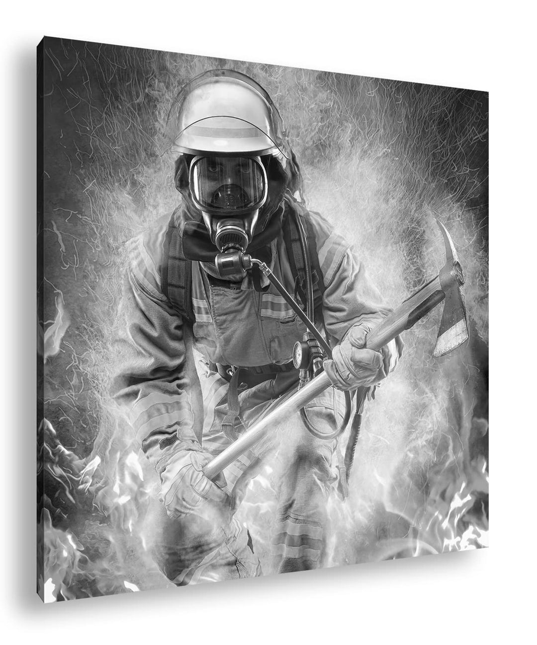 Feuerwehrmann im Einsatz Format: 70x70 Effekt:Schwarz&amp;Weiss als Leinwandbild, Motiv fertig gerahmt a