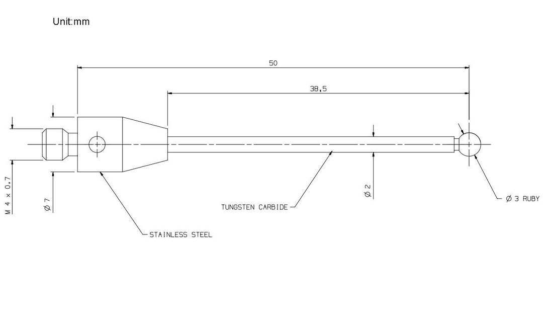 Tastereinsätze für taktile Messtaster,Gewinde M4, Rubinkugel Ø3mm, Hartmetallschaft, Länge 50 mm A-5