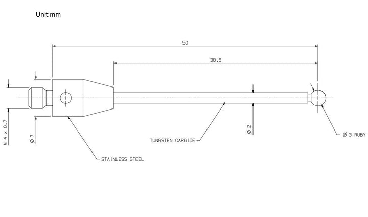 Tastereinsätze für taktile Messtaster,Gewinde M4, Rubinkugel Ø3mm, Hartmetallschaft, Länge 50 mm A-5