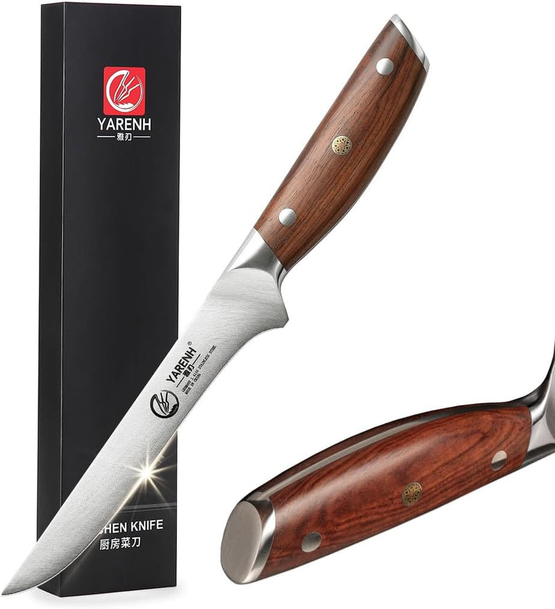 YARENH Scharfes Filetiermesser aus Edelstahl mit 17 cm Langer Klinge und Natürlichem Holzgriff - Ide