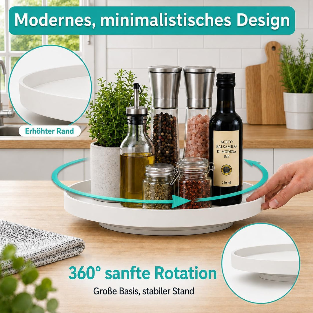 2X Deko Tablett Rund 30cm &amp; 2X 360° Drehteller Weiss Organizer, Weiss