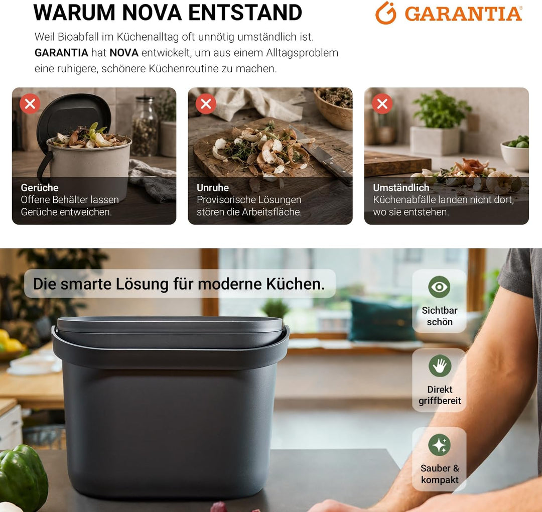 GARANTIA NOVA Biomülleimer 8 Liter Graphite Grey - für klare Küchenordnung auf der Arbeitsplatte - m