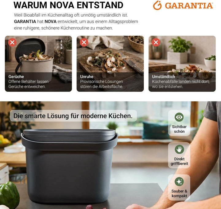 GARANTIA NOVA Biomülleimer 8 Liter Graphite Grey - für klare Küchenordnung auf der Arbeitsplatte - m
