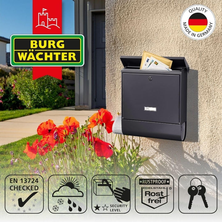 BURG-WÄCHTER Briefkasten mit Zeitungsfach und Namensschild, Verzinkter Stahl, Einwurf-Format DIN C4,