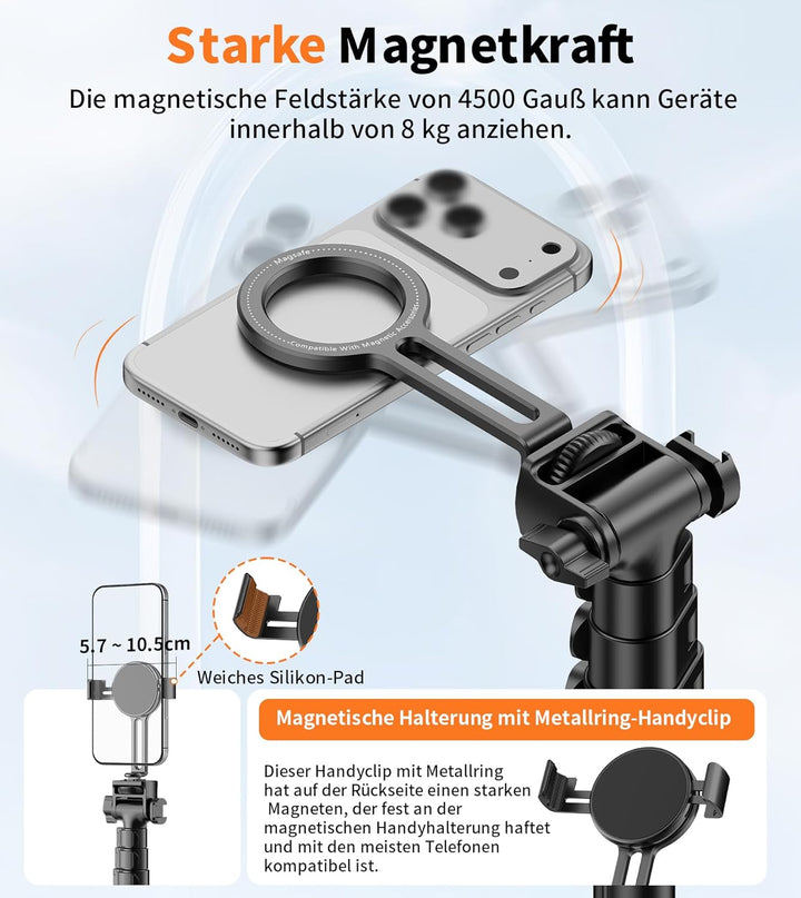 XXZU 187cm Magnetisches Handy Stativ, Leichtes Stativ Kamera mit Fernbedienung & Magnetischer Handyh