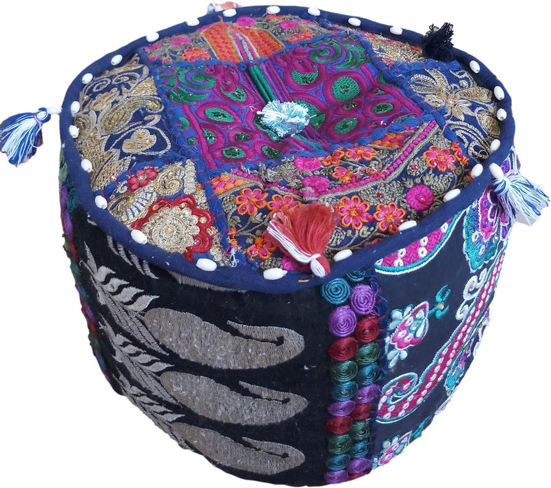 PUSHPACRAFTS Ottoman Pouf Indian Bohemian Style Interior Decor Fusshocker Bodenkissen Indian Embroid