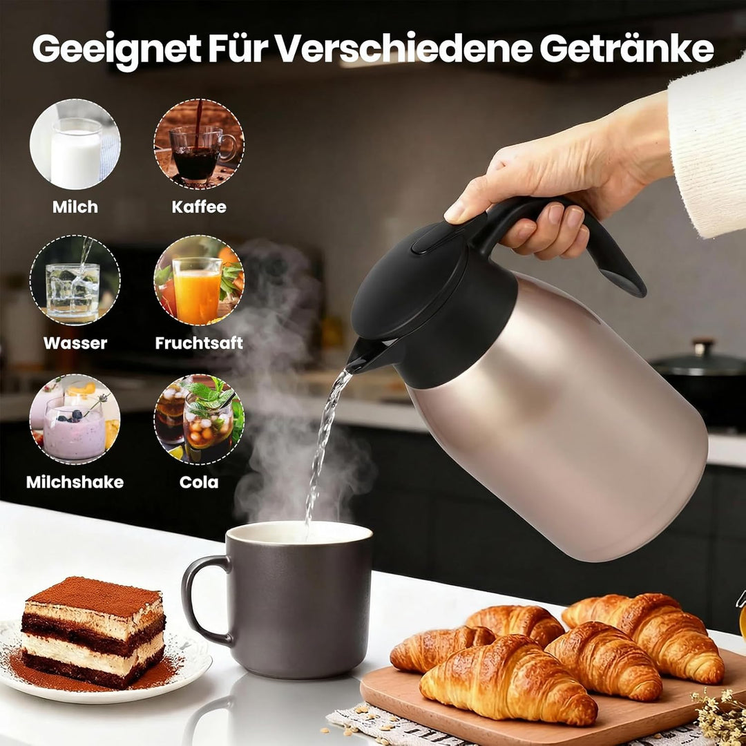Thermoskanne 2L, Doppelwandige 316 Edelstahl Kaffeekanne, Vakuum Isolierkanne 24h Warmhalten, Für Ka