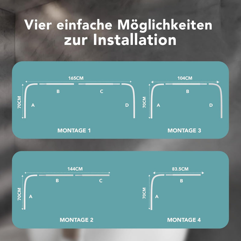 Erica – Duschvorhangstange in U-Form für Wandmontage ohne Deckenhalterung – 70x165x70 cm Duschstange