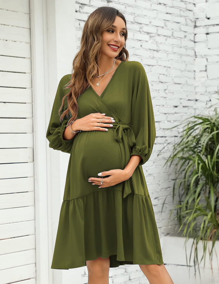 KOJOOIN Damen Umstandskleid V-Ausschnitt 3/4 Ärmel Stillkleid Rüschen Schwangerschafts Kleider mit G